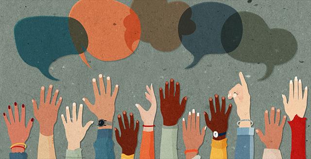 illustration depicting several people raising hands and talking at the same time