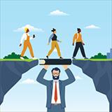 graphic representing a man holding up a bridge over his head so others can get across