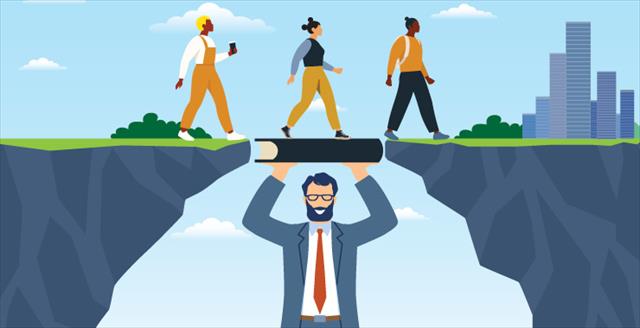 graphic representing a man holding up a bridge over his head so others can get across