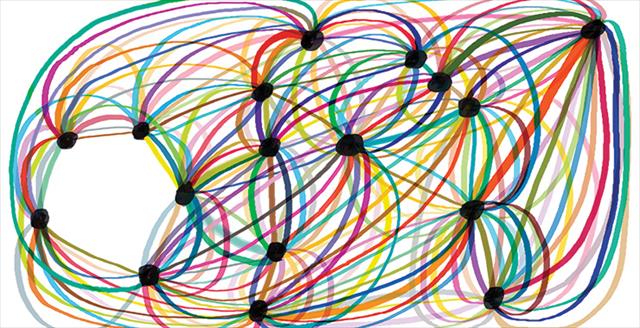 colorful lines linked together with black dots