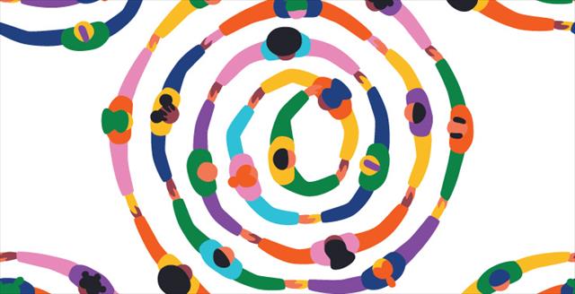 colorful graphic showing top view of people with arms outstretched connected to each other