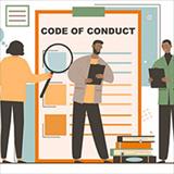 graphic of three people conducting research with a giant code of conduct sign in the background