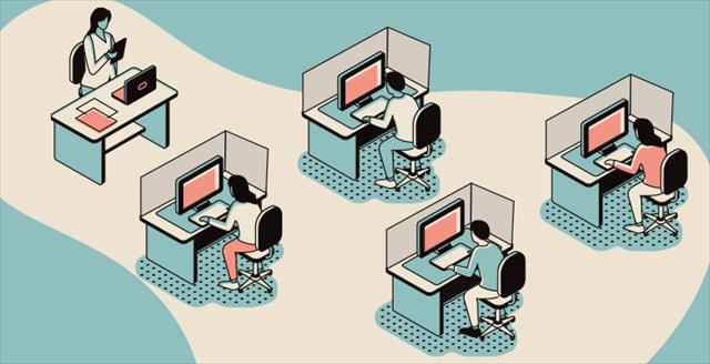 illustration of a people sitting at a desks each with a privacy screen