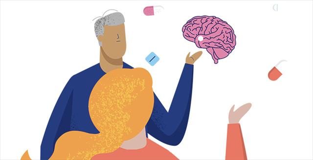 illustration of two people standing with pills and a brain floating in the air near their heads