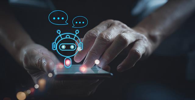 graphic representation of a man using AI technology on a smartphone