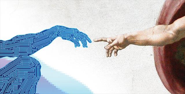 graphic of Michelangelo's Adam with technology pattern on skin reaching out and touching human finger