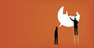 illustration depicting one person talking and another on a ladder painting over the conversation bubble