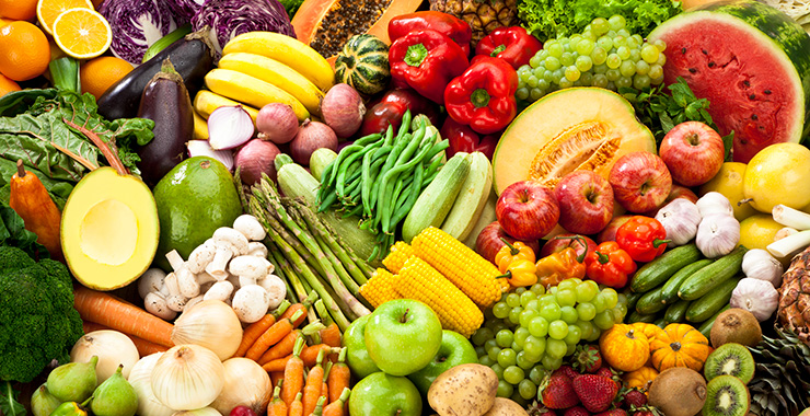 several varieties of fresh vegetables and fruits