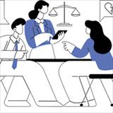 line drawing of two people sitting at a table pointing fingers at each other