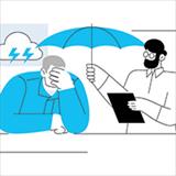 drawing of a man sitting at a table with another man holding an umbrella over the table