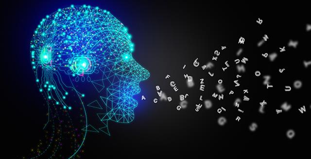 graphic representation of a person's brain lit up and letters coming out of their mouth