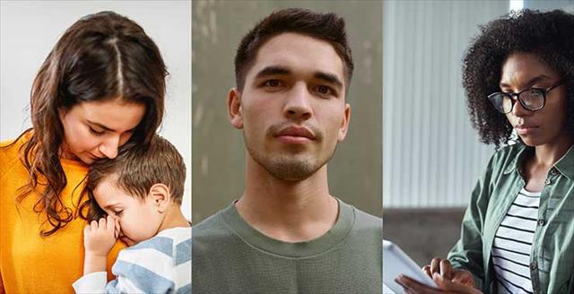 collage of people looking stressed about parenting, health, and finances