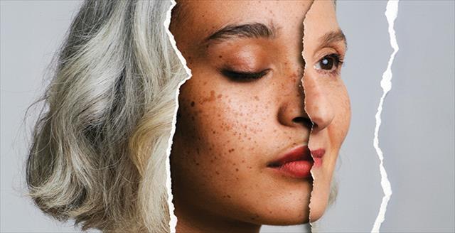torn magazine pages of faces combined into one face