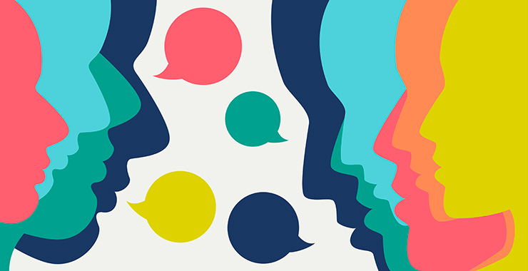 graphics of various colorful heads and conversation bubbles