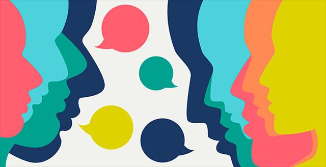 graphics of various colorful heads and conversation bubbles