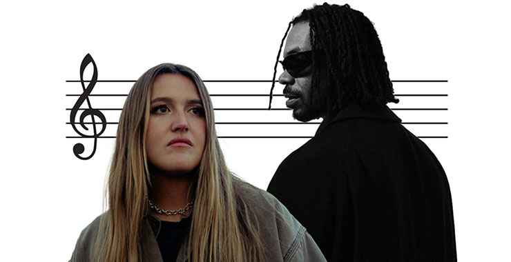 image of woman standing in front of a music g cleff symbol