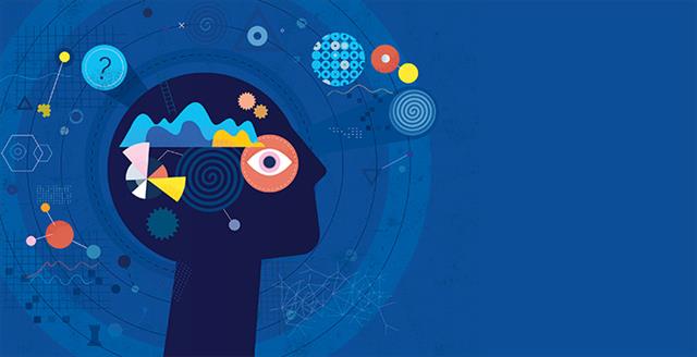 graphic of a head with geometric shapes and punctuation marks swirling in and around the head
