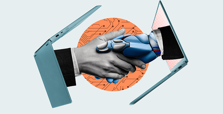 graphic of arms coming through laptop screens to shake hands