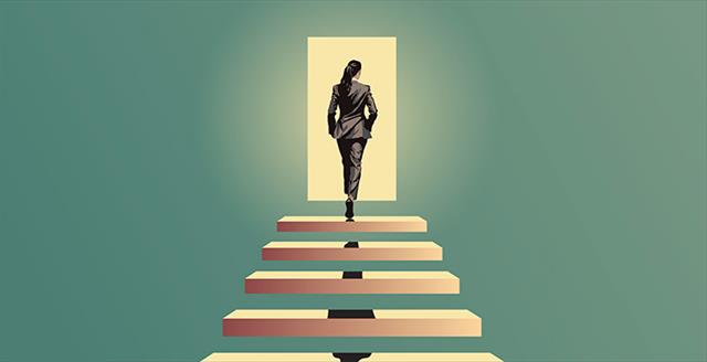 graphic of woman ascending stairs into lighted doorway