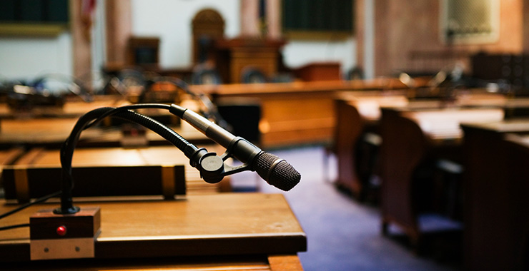 close up of microphone in a court room
