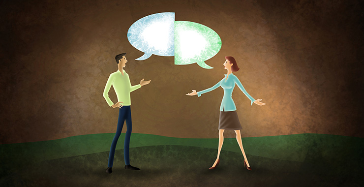 graphic of two people with conversation bubble depicted over their heads