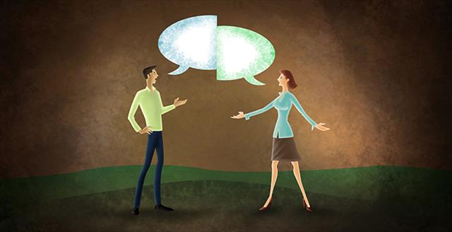 graphic of two people with conversation bubble depicted over their heads