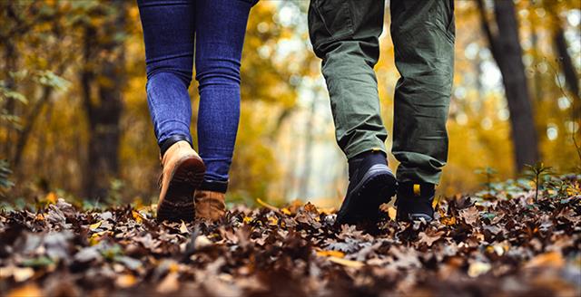 two people walking in a wooded area