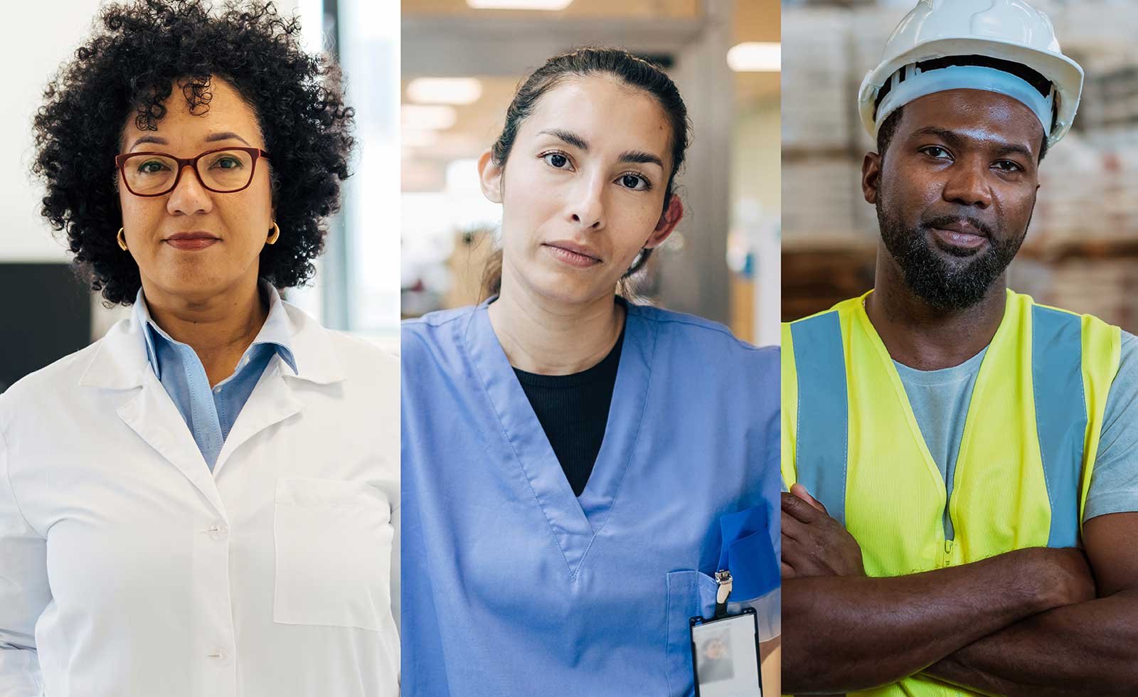 collage of workers in medical, office, and factory settings