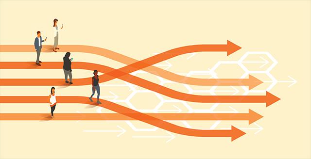 abstract of people following different paths