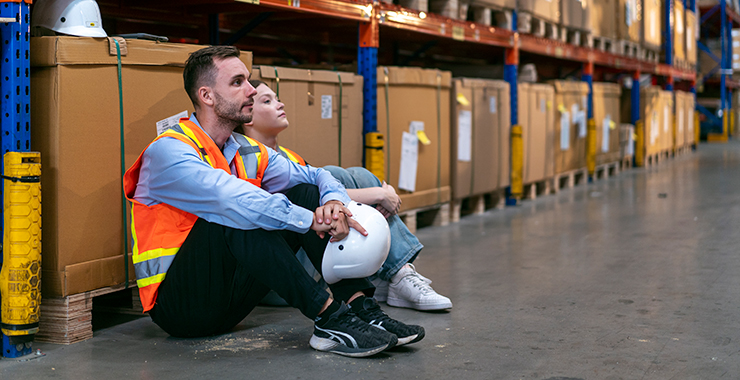 exhausted workers sitting on the ground