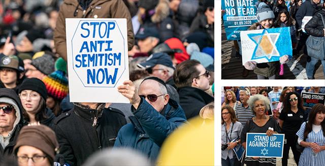 collage of antisemitism protests