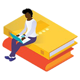 Student working on a laptop while sitting on a pile of books