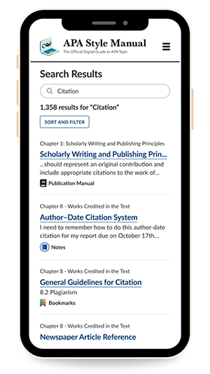 Phone screen with text of search results for the APA Style Manual