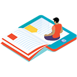 Student sitting and reading on tablet