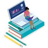 Woman typing on a laptop while sitting on a stack of books