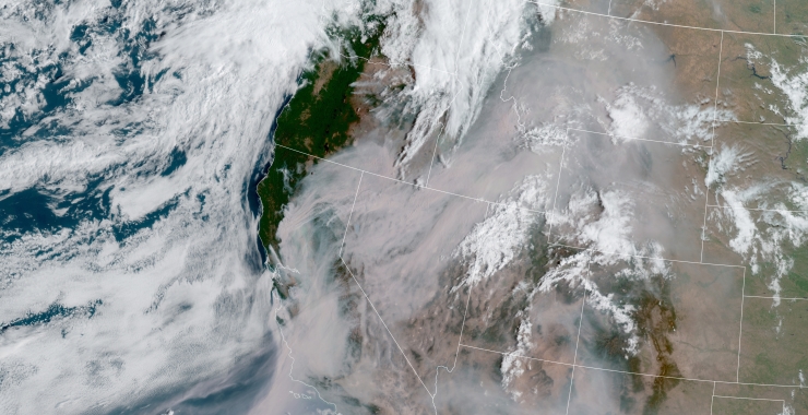 In this 2020 satellite photo, smoke from wildfires covers the western U.S.