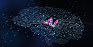A bright, multi-colored 3D block spelling out "AI" sits right in the center