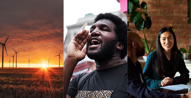 Sunset, man yelling and woman smiling