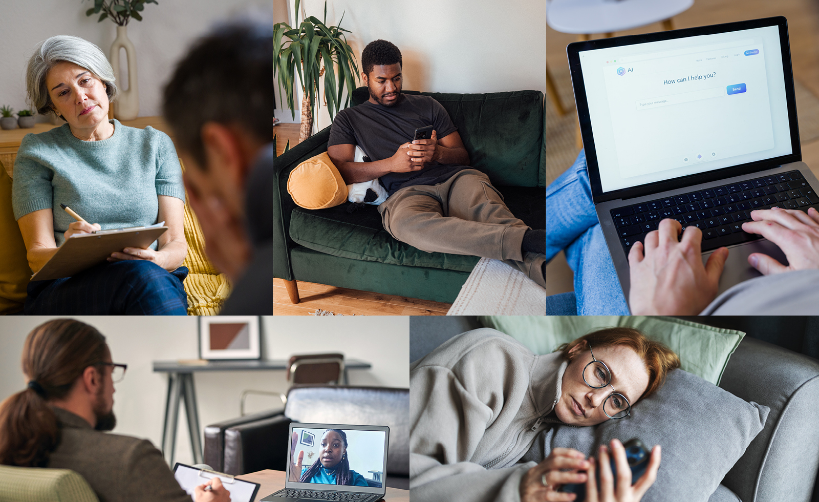 collage of people at in-person therapy session or using chatbots