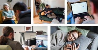 collage of people at in-person therapy session or using chatbots