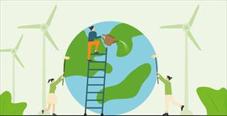 Illustration of three people cleaning a representation of Planet Earth