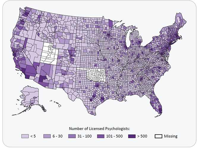 Figure 1: Number of Licensed Psychologists by County, 2012-2015 