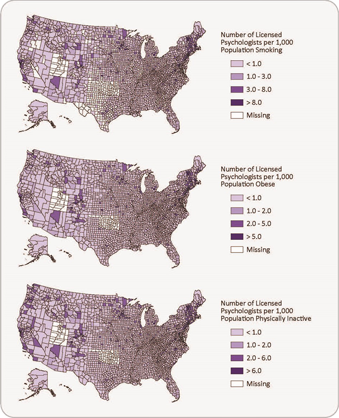 Figure 7: Number of Licensed Psychologists and Behavioral Health Indicators: Smoking, Obese and Physical Inactivity, 2006-2012