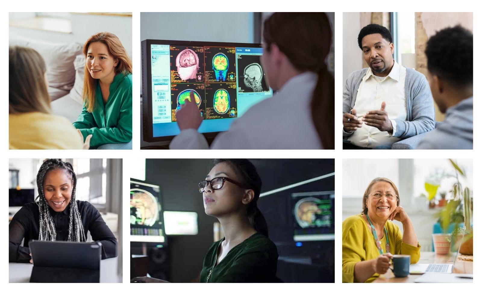 Collage showing people engaging in everyday psychology-related activities, including conversations, learning, and health care.