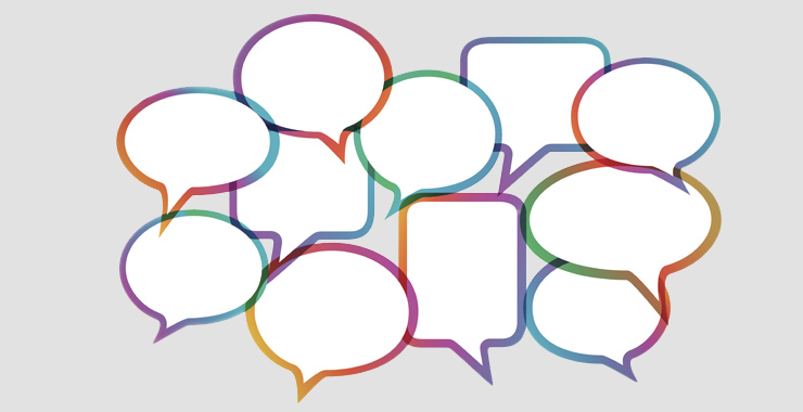 Graphic with empty voice bubbles, each framed in rainbow colors