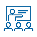 Icon illustration of person presenting at white board and audience