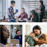 Collage of three images, with people of various nationalities: A smiling woman holding a child, a group of people in a work environment drinking coffee and looking at papers, and a woman watching a presentation with coworkers in the background. 