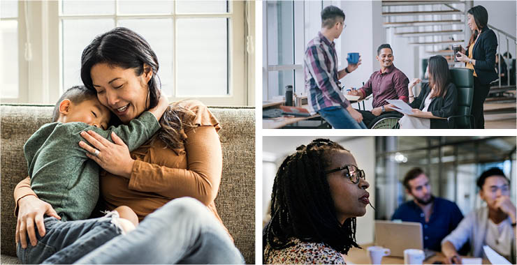 Collage of three images, with people of various nationalities: A smiling woman holding a child, a group of people in a work environment drinking coffee and looking at papers, and a woman watching a presentation with coworkers in the background.