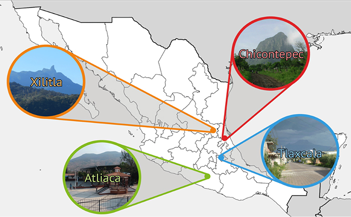 Xilitla, Atliaca, Chicontepec, Tlaxcala. Nahua communities in Mexico participating in the Language as a Cure project. Map by Joanna Maryniak. Xilitla, Atliaca, Chicontepec, Tlaxcala. Nahua communities in Mexico participating in the Language as a Cure project. Map by Joanna Maryniak.