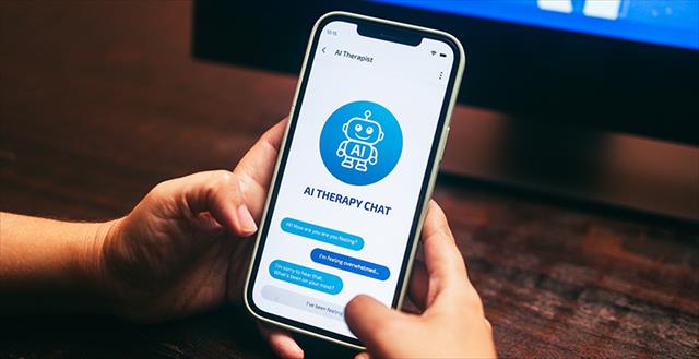 Hands holding a smart phone with “AI Therapy Chat” app displayed on screen.